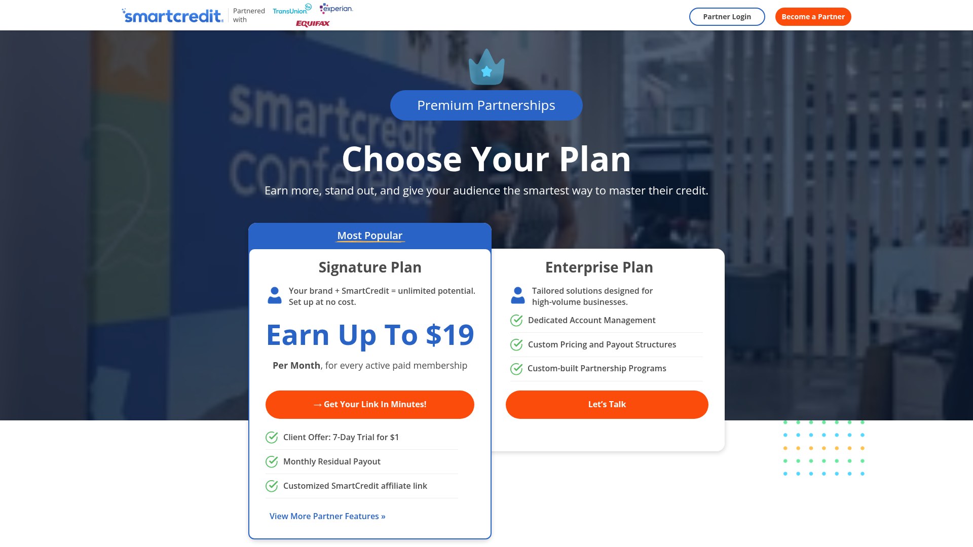 SmartCredit partner affiliate landing page built for B2B partner sign-ups